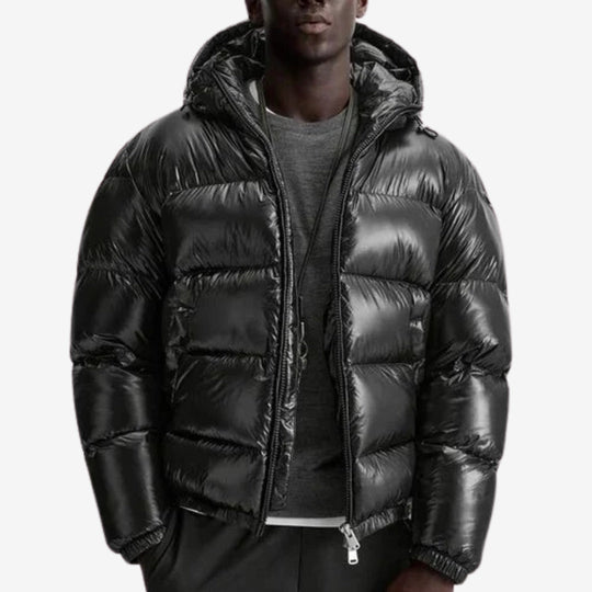 Men’s Shiny Black Puffer Jacket with Hood