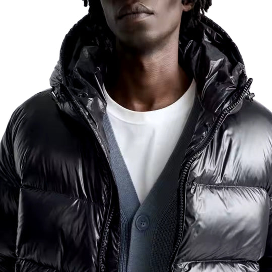 Men’s Shiny Black Puffer Jacket with Hood