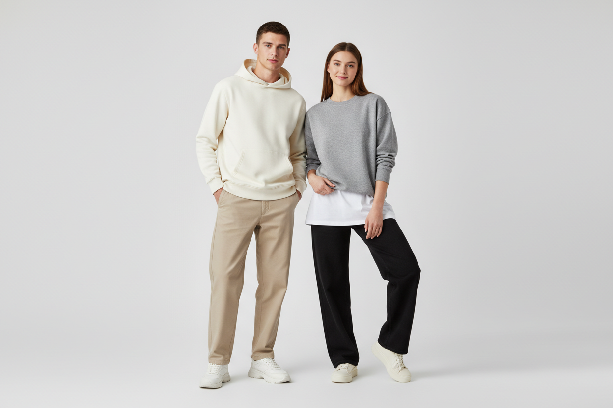A clean fashion banner for a clothing brand.
Male and female models wearing plain modern streetwear in neutral colors, no logos, no branding, no text on the clothing.
Simple, realistic lighting, sharp details, white or light background.
Models standing naturally, clearly showing the outfits.
High-quality fashion photography style.
No props, no cartoon characters, no AI distortions.
Commercial-safe clothing advertisement look.
Image ratio 16:9.
